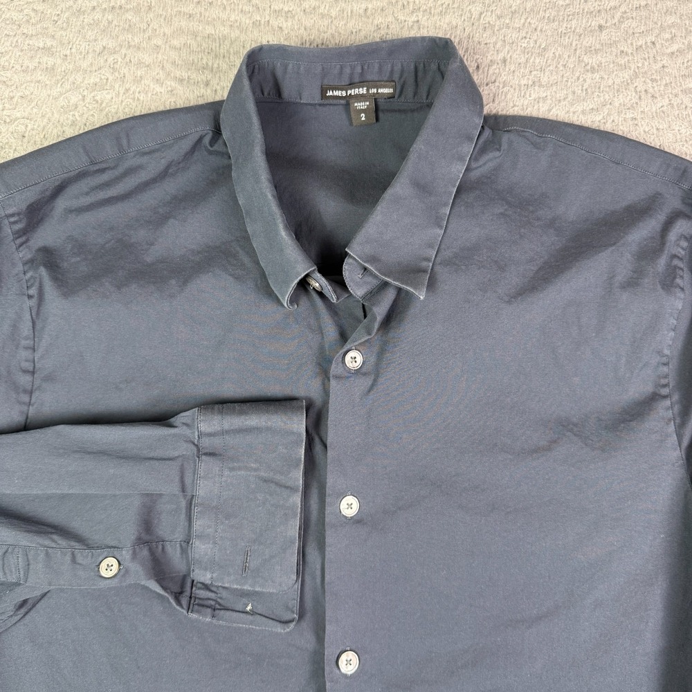 James Perse Matte Stretch Poplin Dress Shirt Mens 2 Navy Italy Button Front